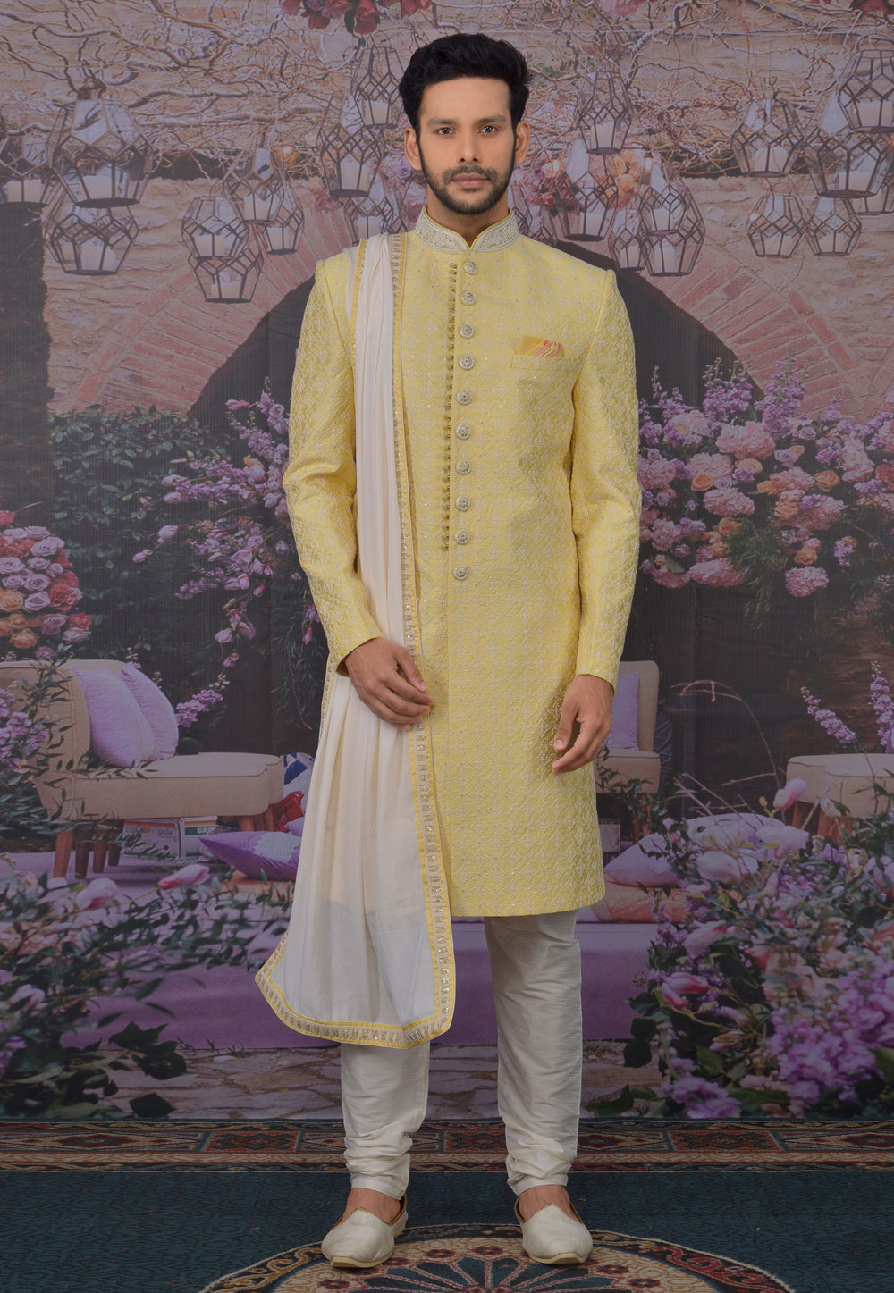 Yellow Banarasi Silk Sherwani 216140