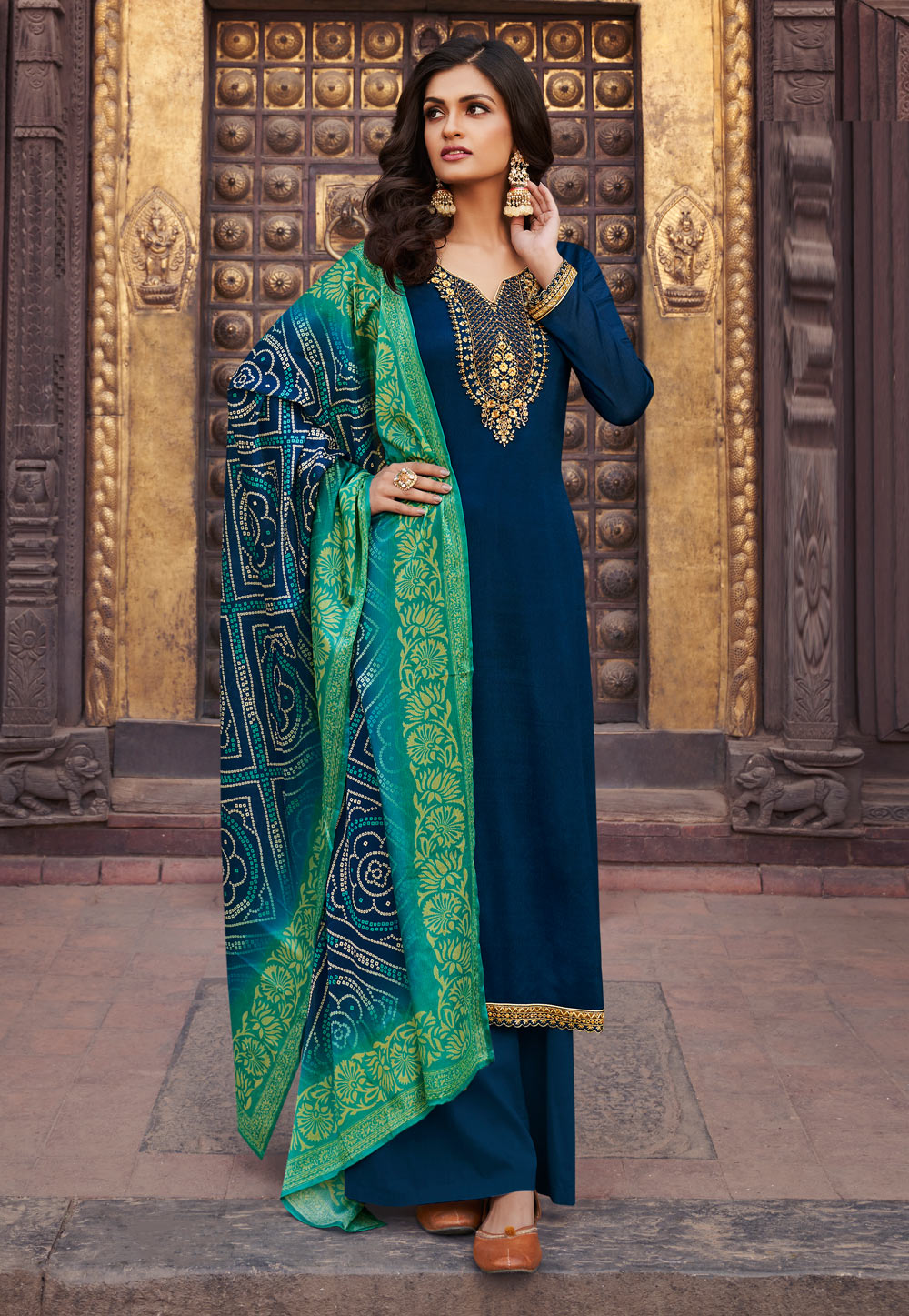 Navy Blue Chinon Kameez With Palazzo 223031