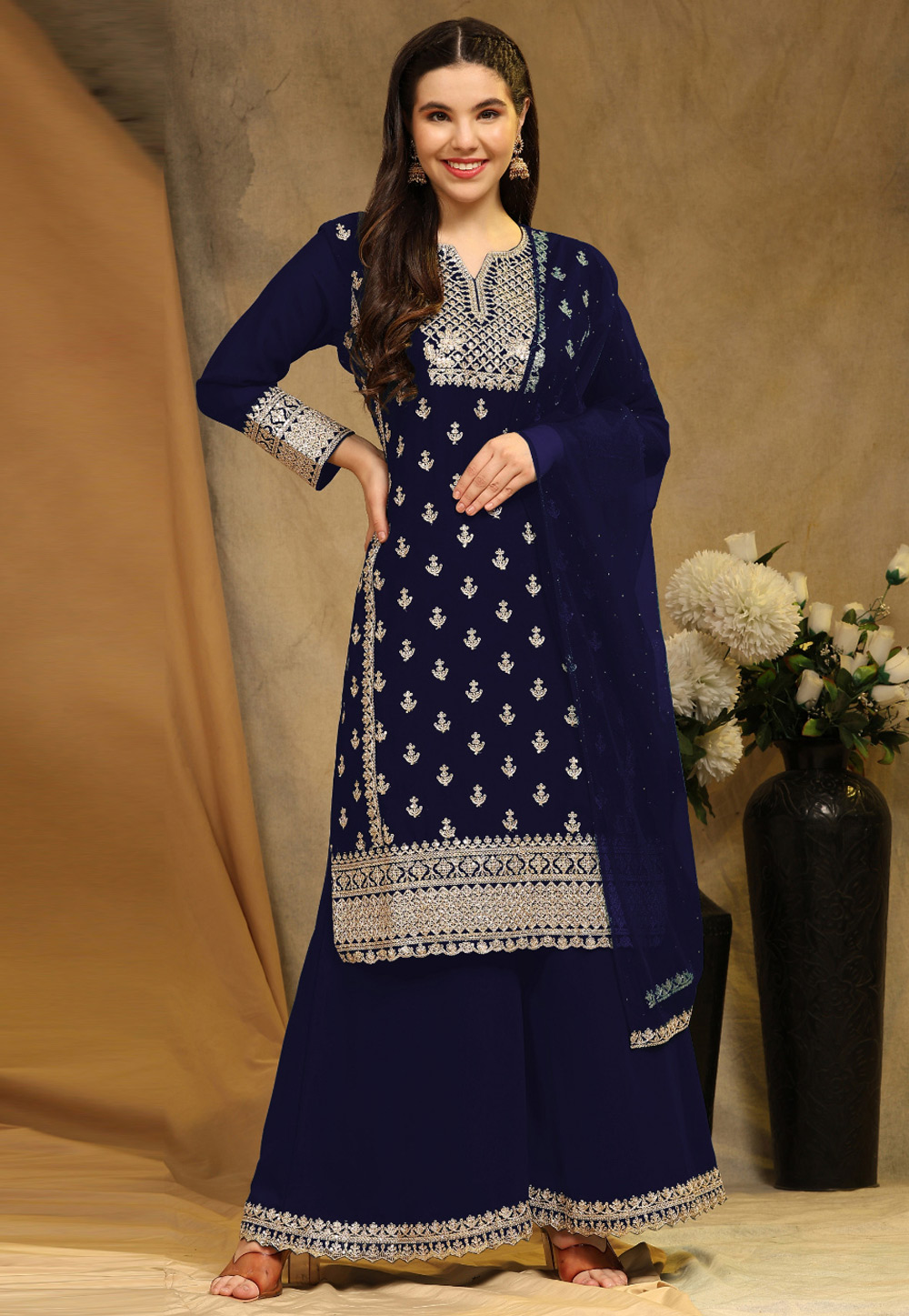 Navy Blue Faux Georgette Palazzo Suit 276034