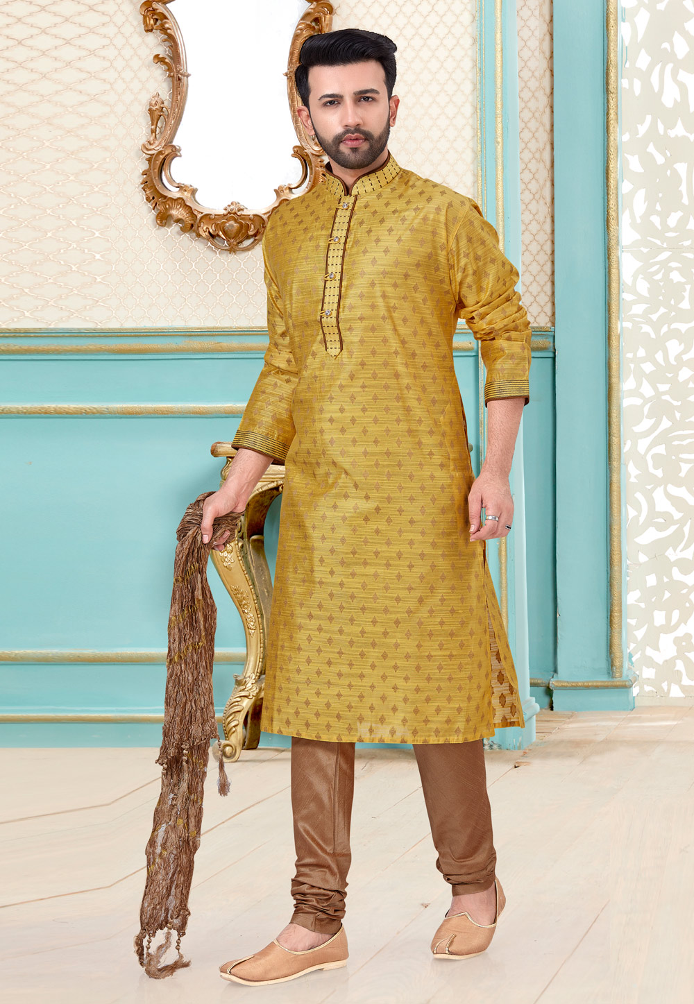 Yellow Banarasi Silk Kurta Pajama 216063