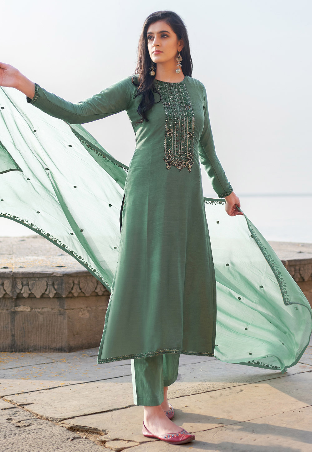 Sea Green Cotton Silk Pant Style Suit 218767
