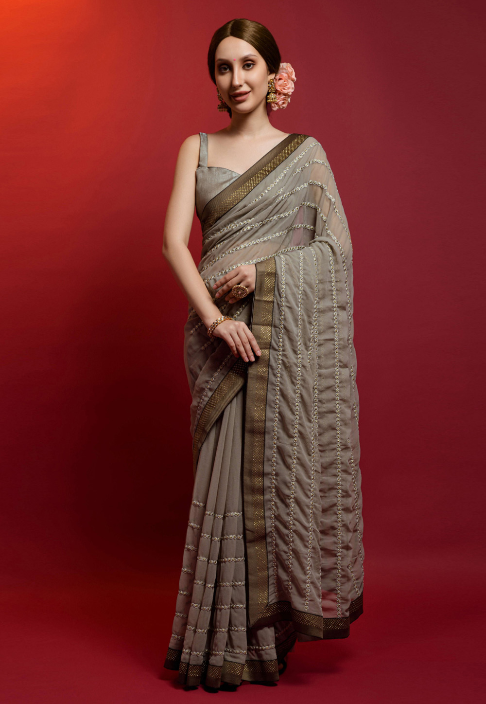 Grey Georgette Saree With Blouse 275990