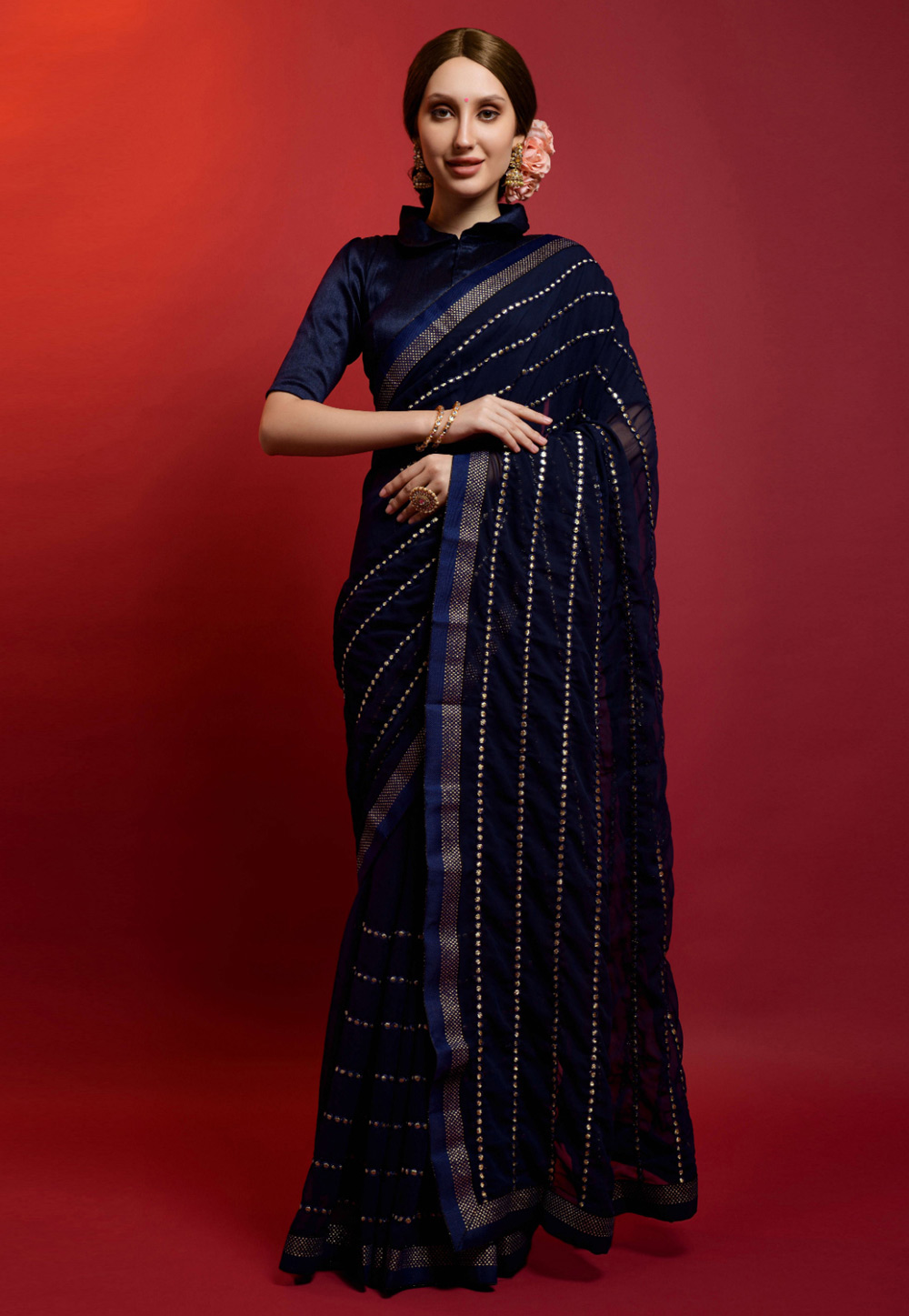 Navy Blue Georgette Saree With Blouse 275991