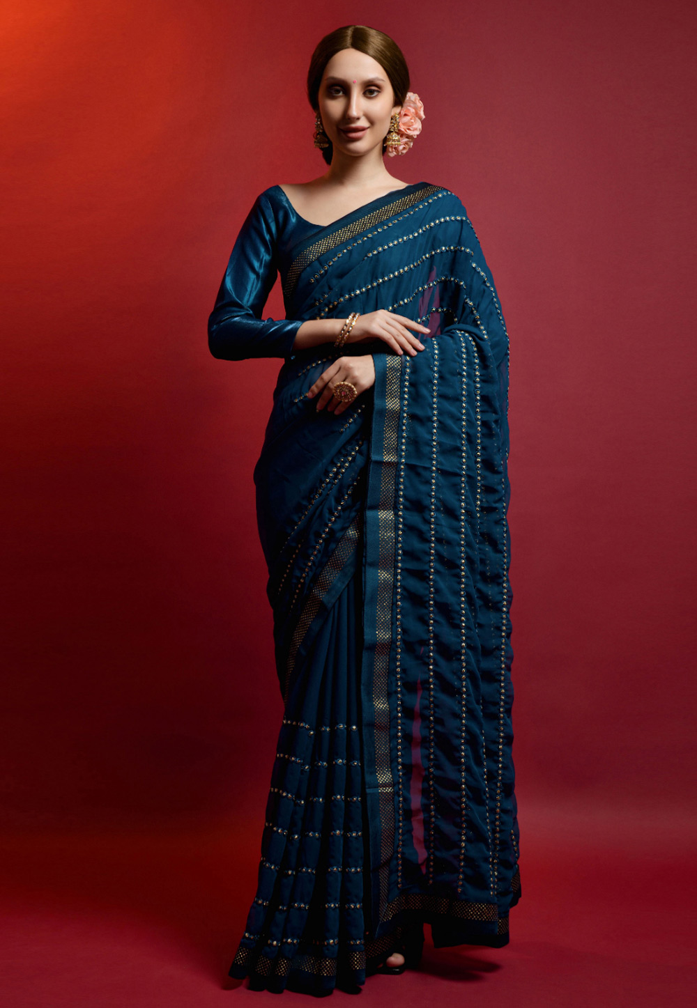 Teal Georgette Saree With Blouse 275993
