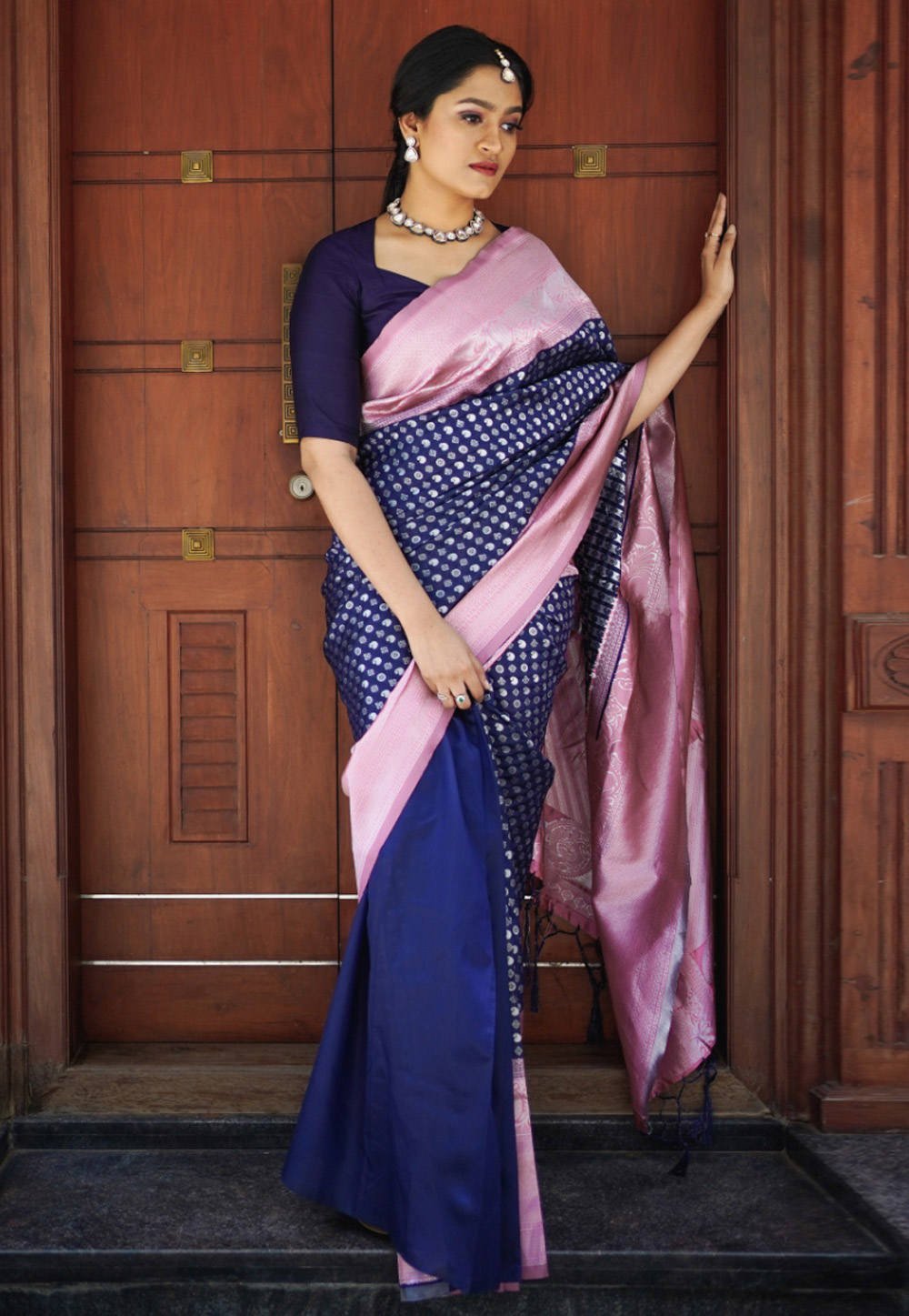 Navy Blue Banarasi Silk Saree With Blouse 276058