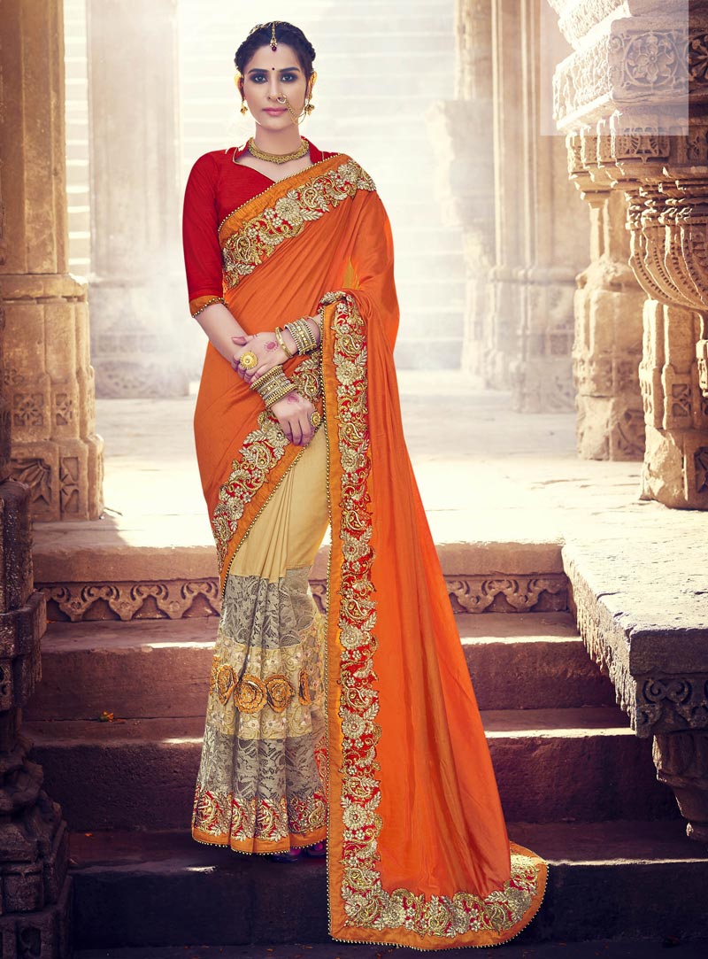 Orange Silk Half N Half Wedding Saree 89039