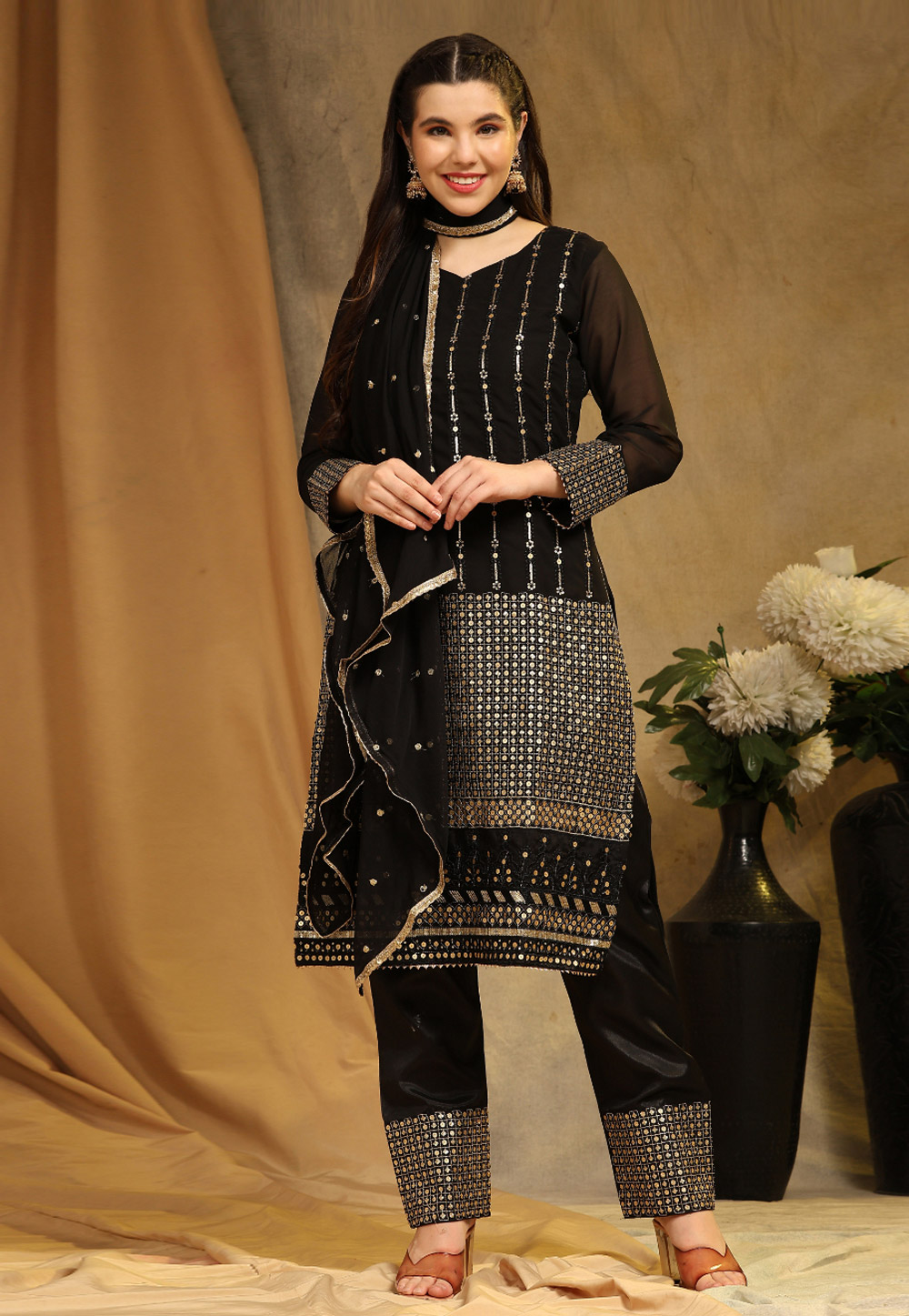 Black Faux Georgette Kameez With Pant 276160