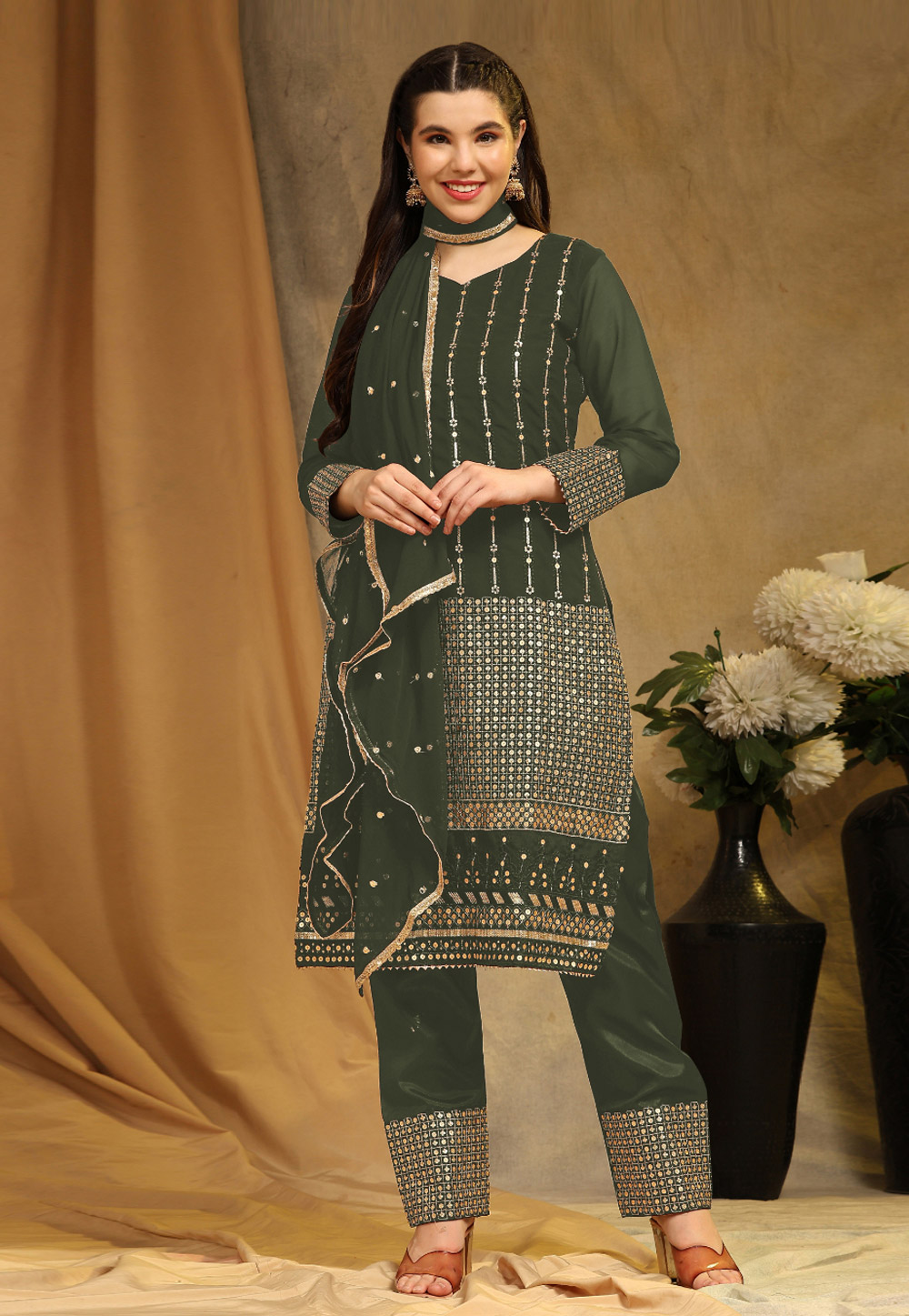Green Faux Georgette Kameez With Pant 276162