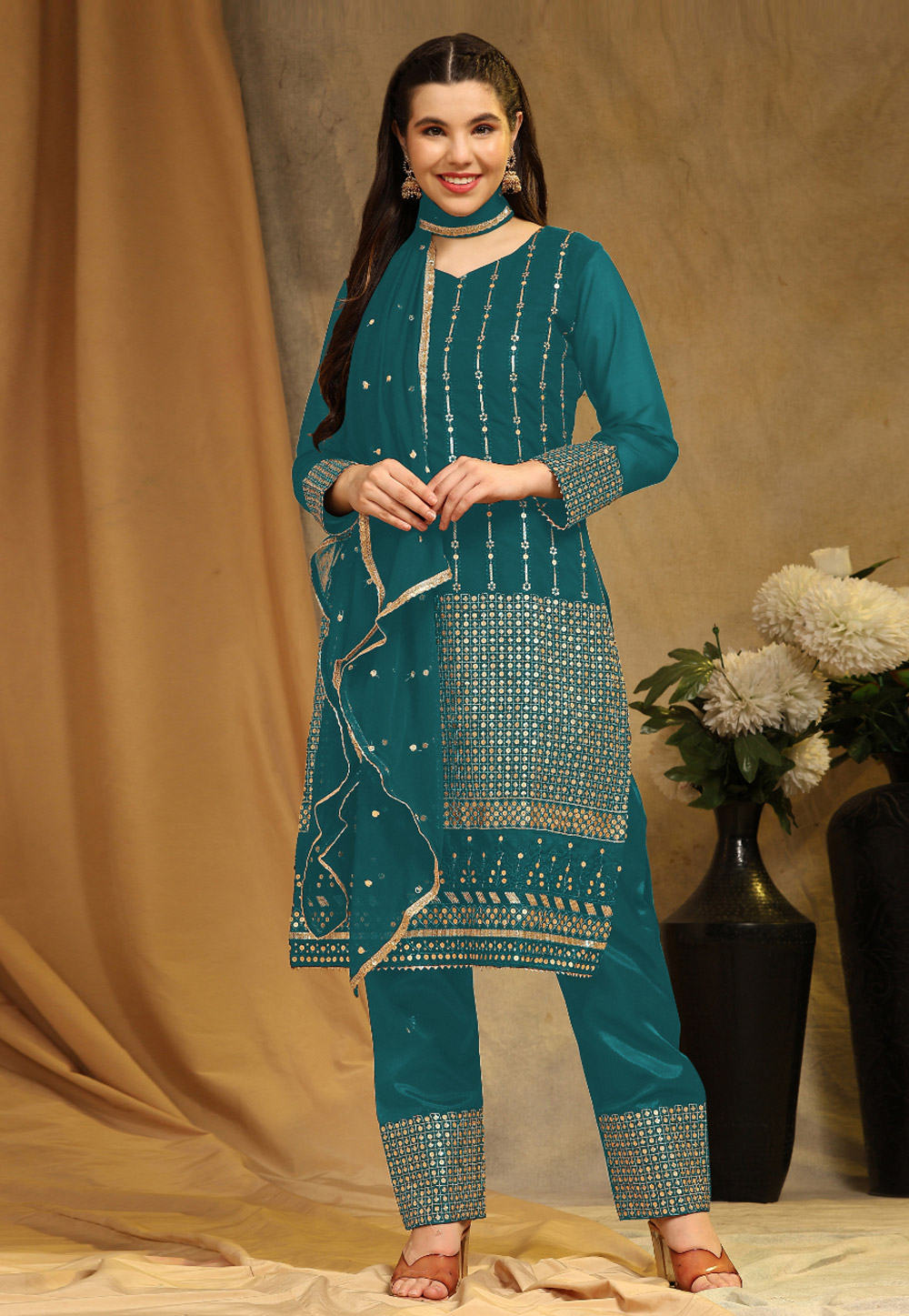 Teal Faux Georgette Pant Style Suit 276163