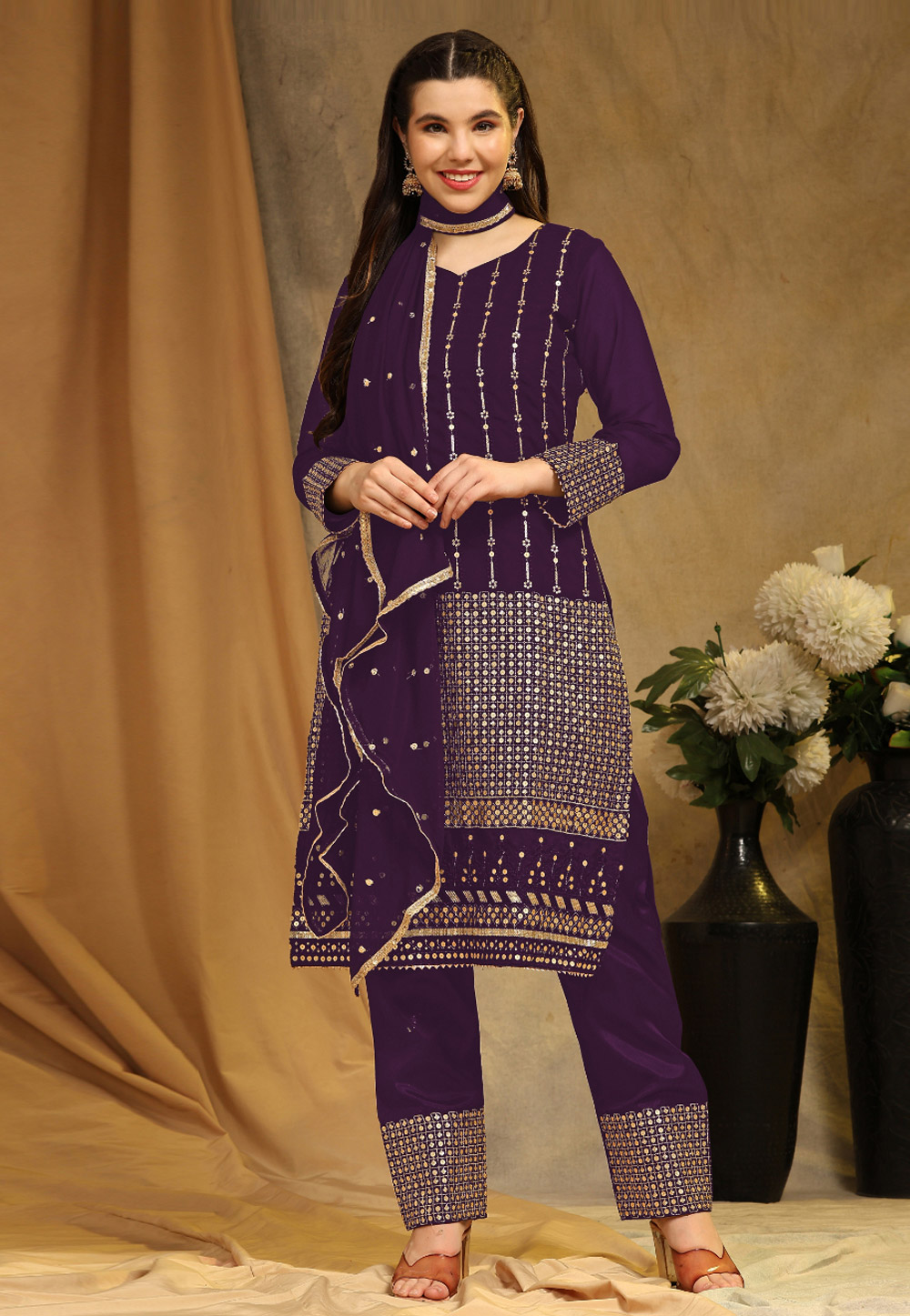 Purple Faux Georgette Pant Style Suit 276169