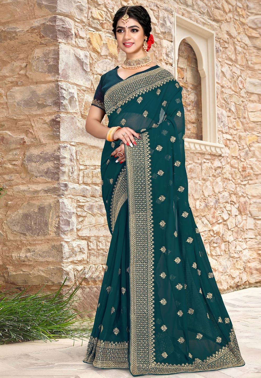 Teal Georgette Saree With Blouse 258502