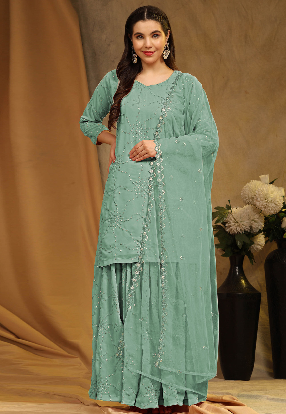 Sea Green Faux Georgette Gharara Suit 276284
