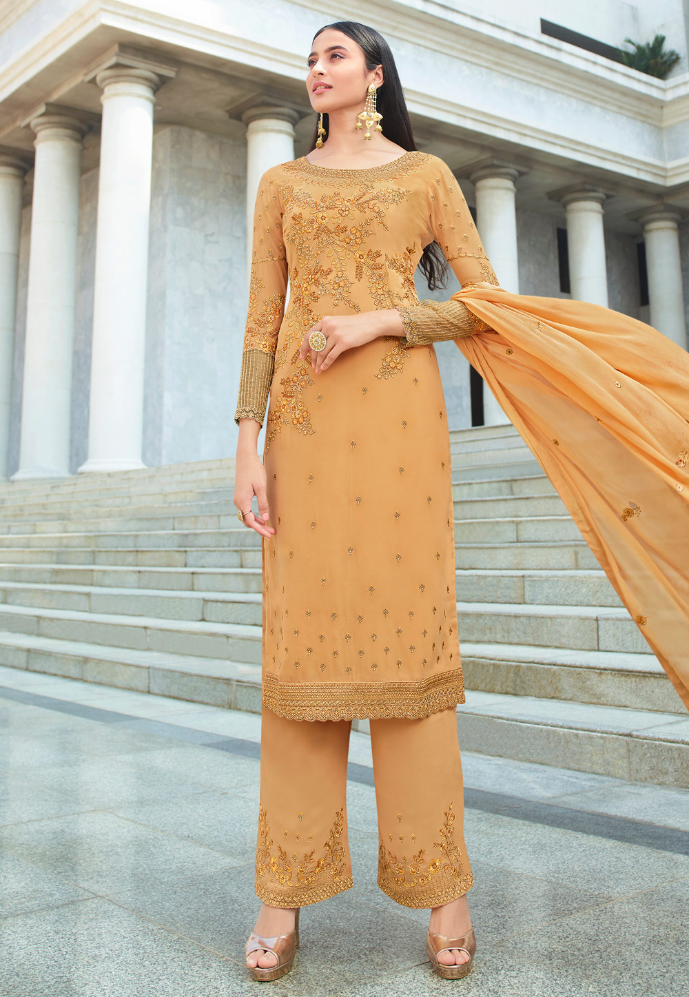 Golden Georgette Embroidered Palazzo Suit 207270