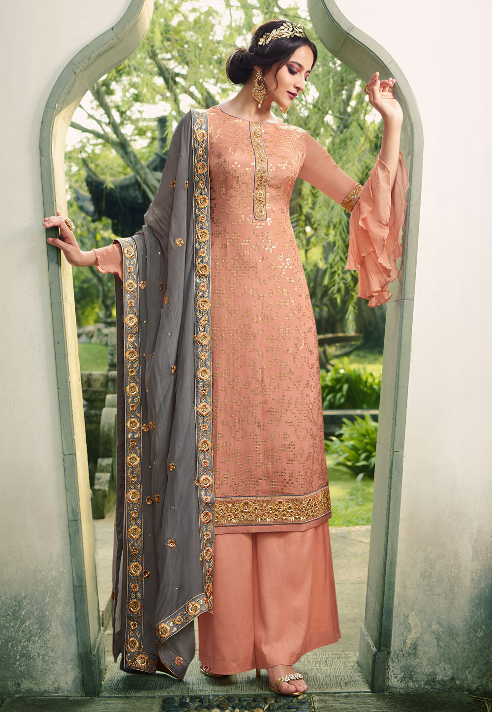 Peach Viscose Embroidered Kameez With Palazzo 209278