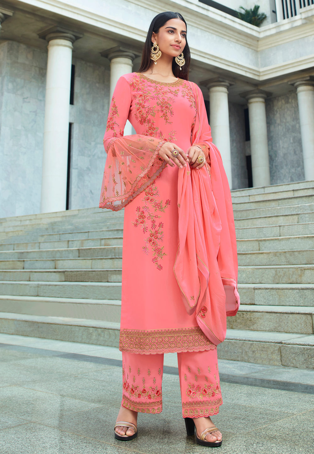 Pink Georgette Embroidered Palazzo Suit 207272