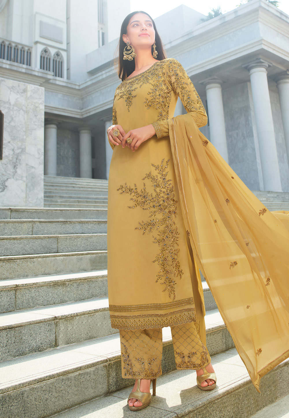 Mustard Georgette Embroidered Kameez With Palazzo 207273