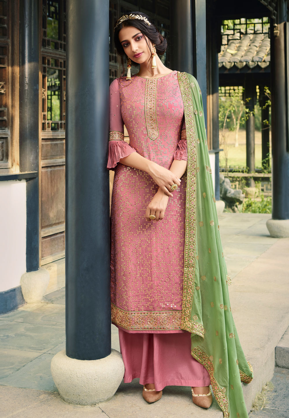 Pink Viscose Embroidered Palazzo Suit 209281