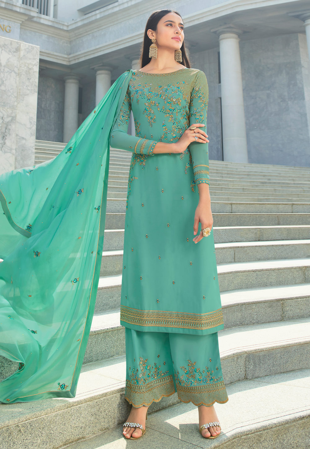 Sea Green Georgette Embroidered Palazzo Suit 207274