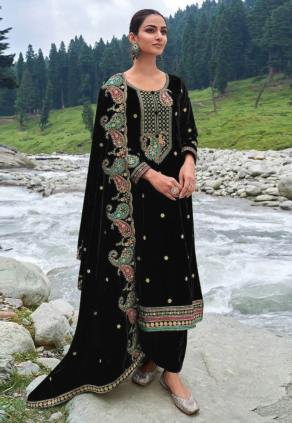 Black Salwar Suit with Gold Lace Border - Frontier Heritage