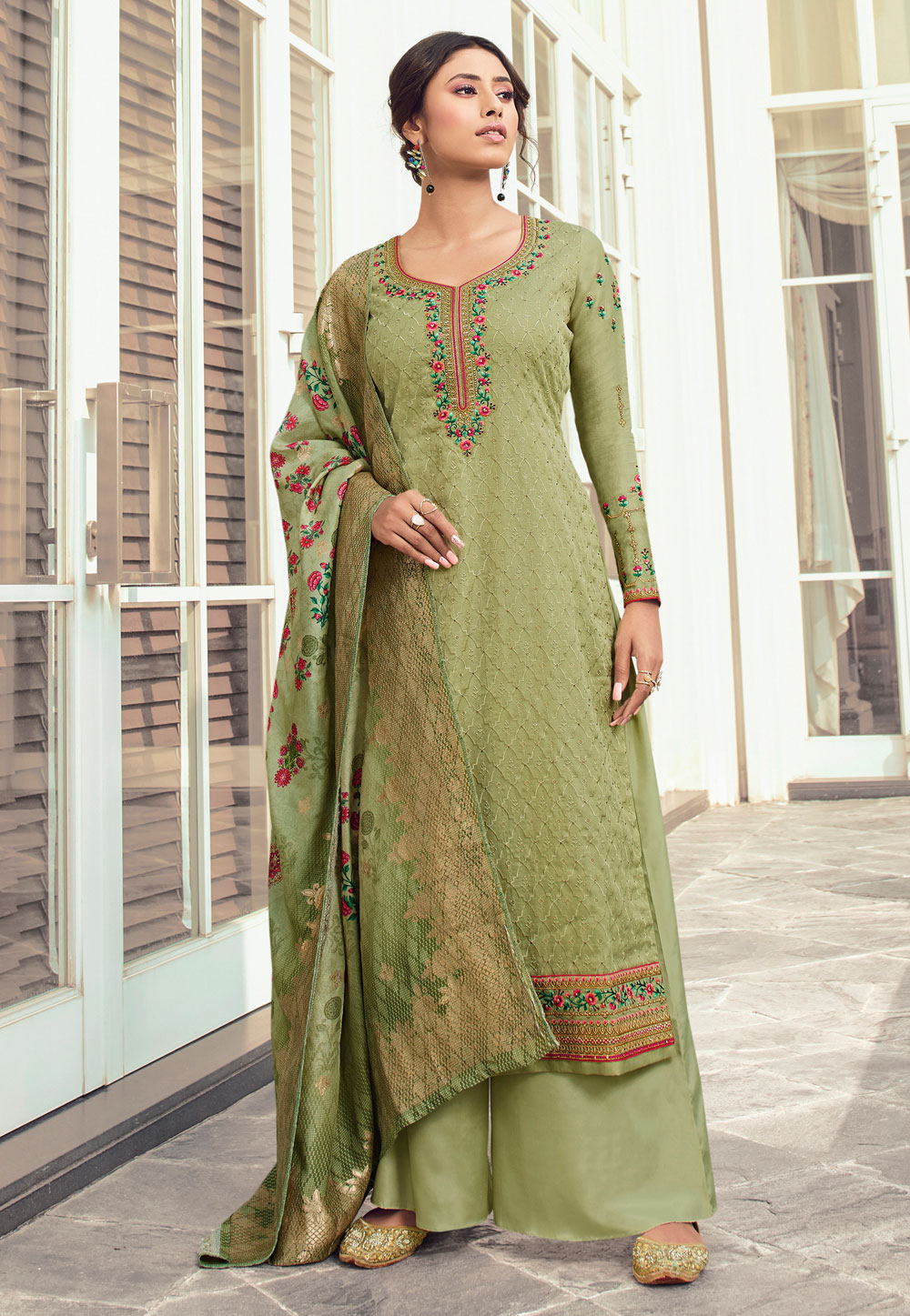 Green Tussar Kameez With Palazzo 199187