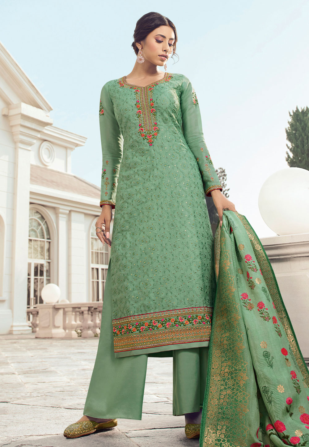 Light Green Tussar Kameez With Palazzo 199189