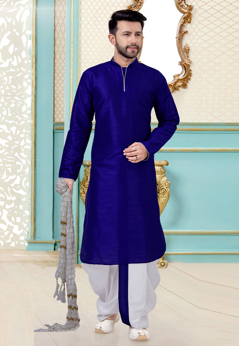 Blue Dupion Silk Dhoti Kurta 216068