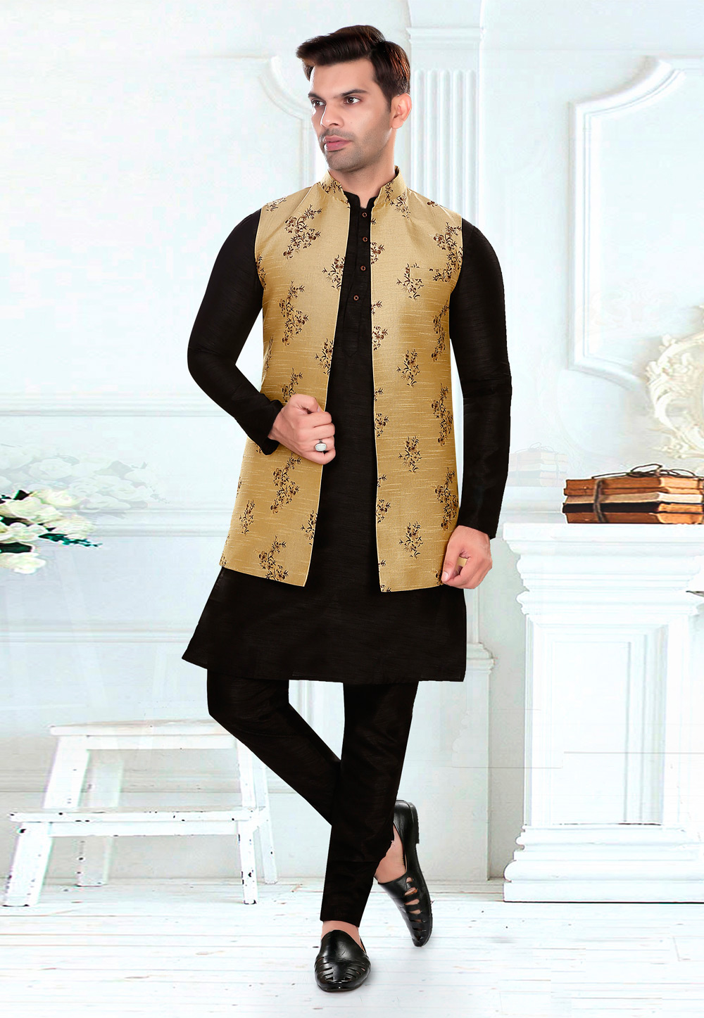 Black Art Silk Kurta Pajama With Jacket 276503