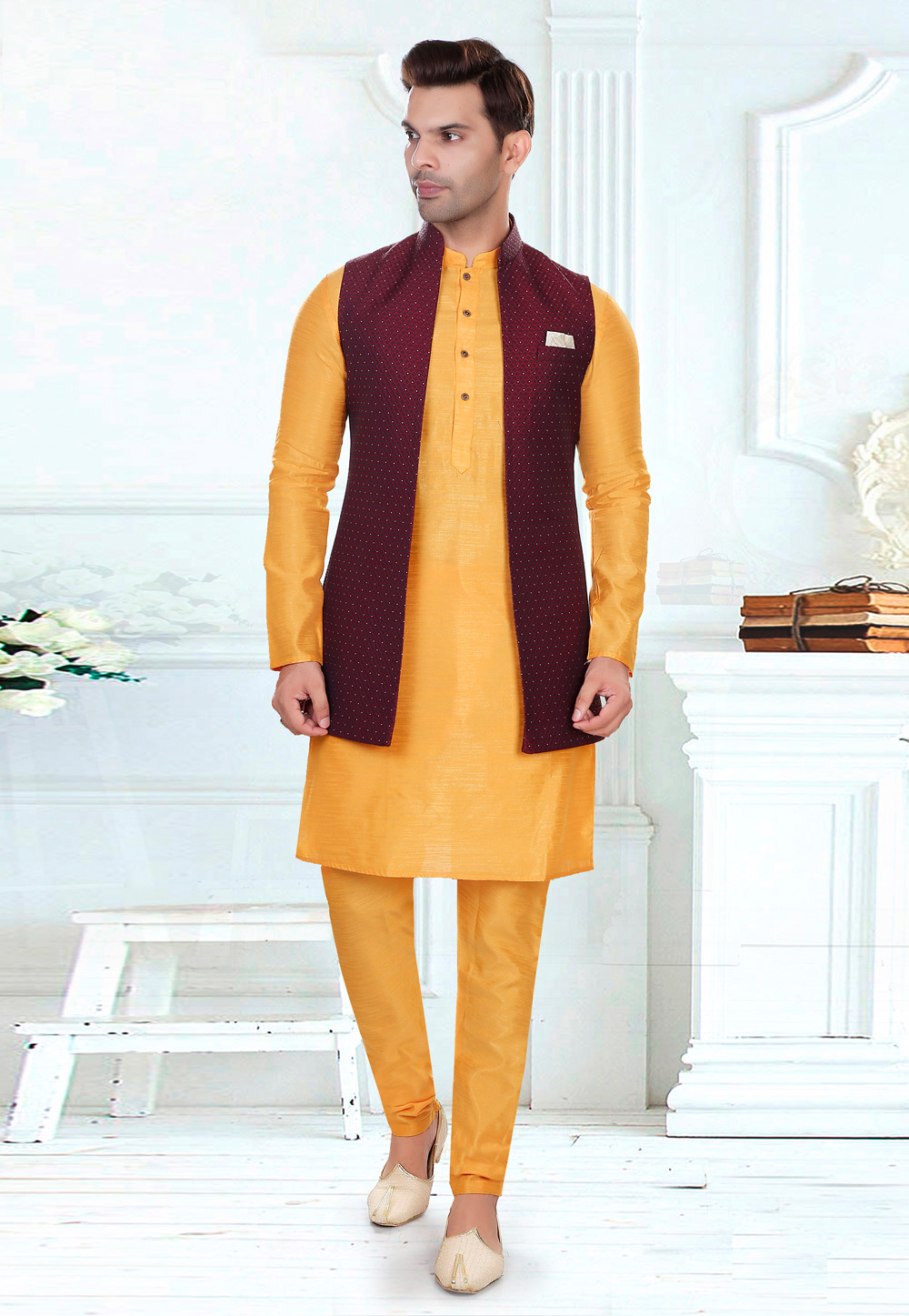 Yellow Art Silk Kurta Pajama With Jacket 276504