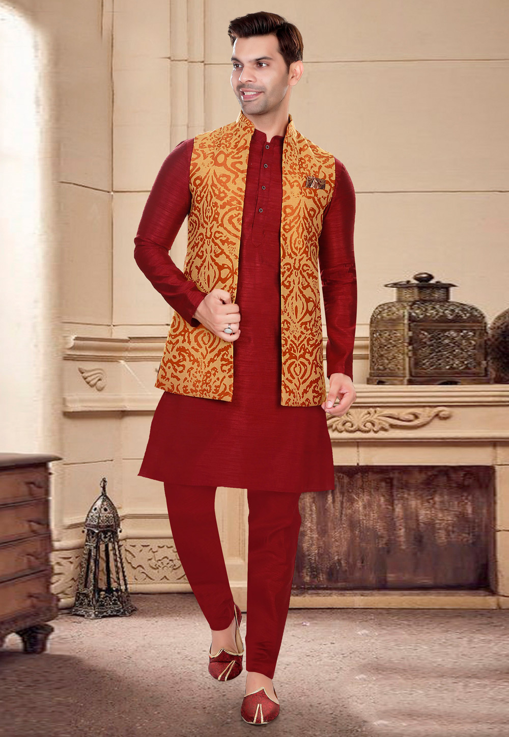 Men's Solid Kurta Pyjama With Maroon Floral Embroidered Nehru Jacket –  Jompers