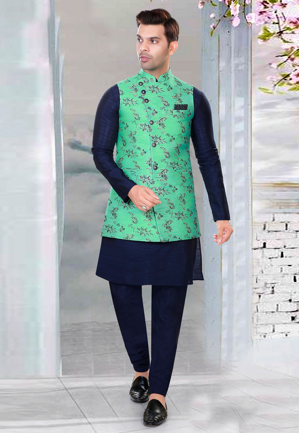 Navy Blue Art Silk Kurta Pajama With Jacket 276506