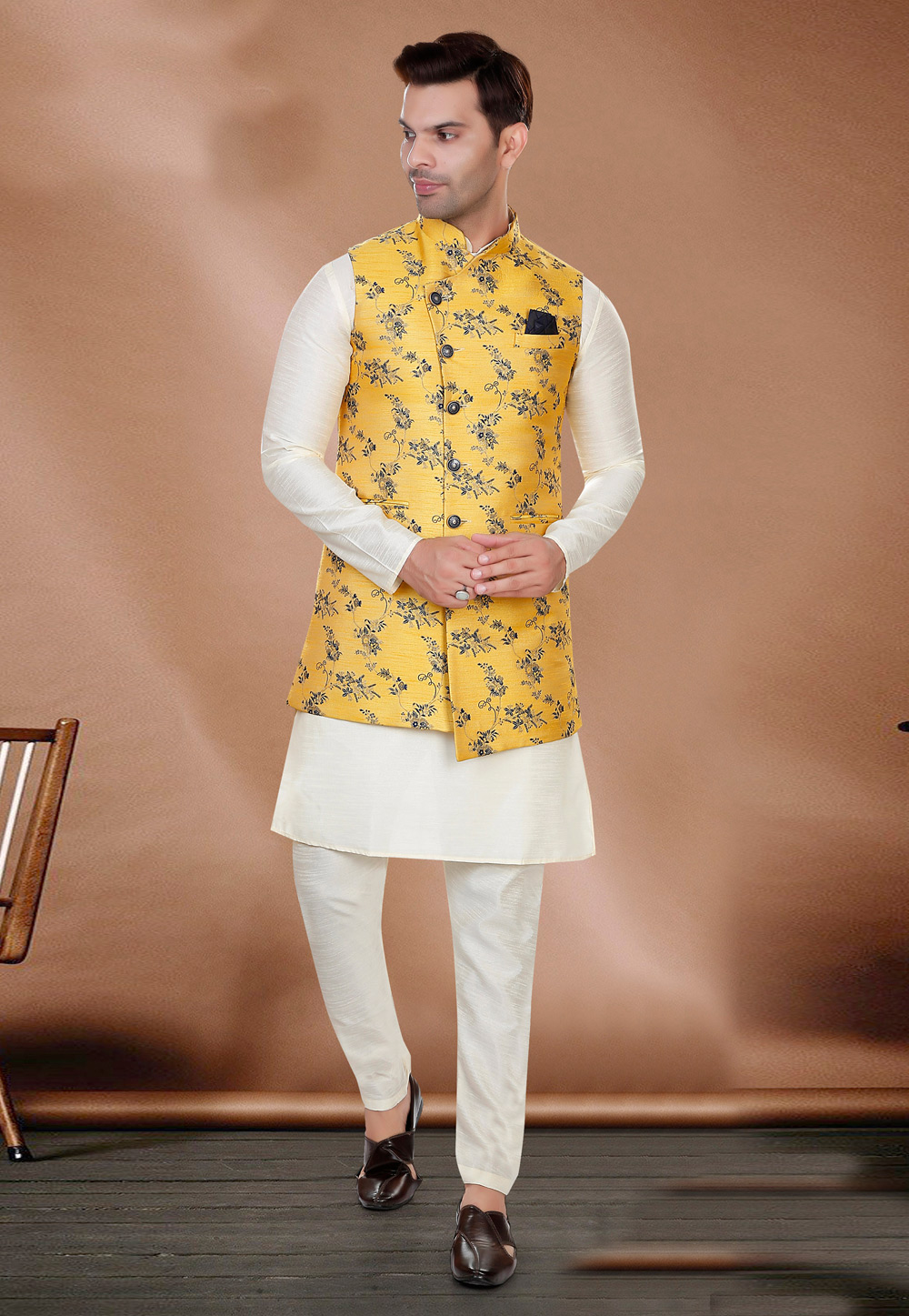 Cream Art Silk Kurta Pajama With Jacket 276507