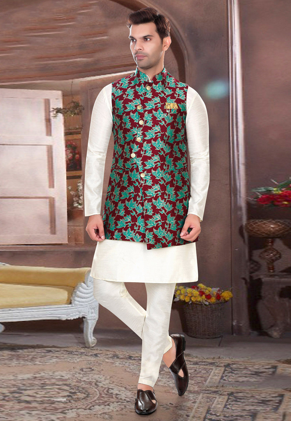 Cream Art Silk Kurta Pajama With Jacket 276508