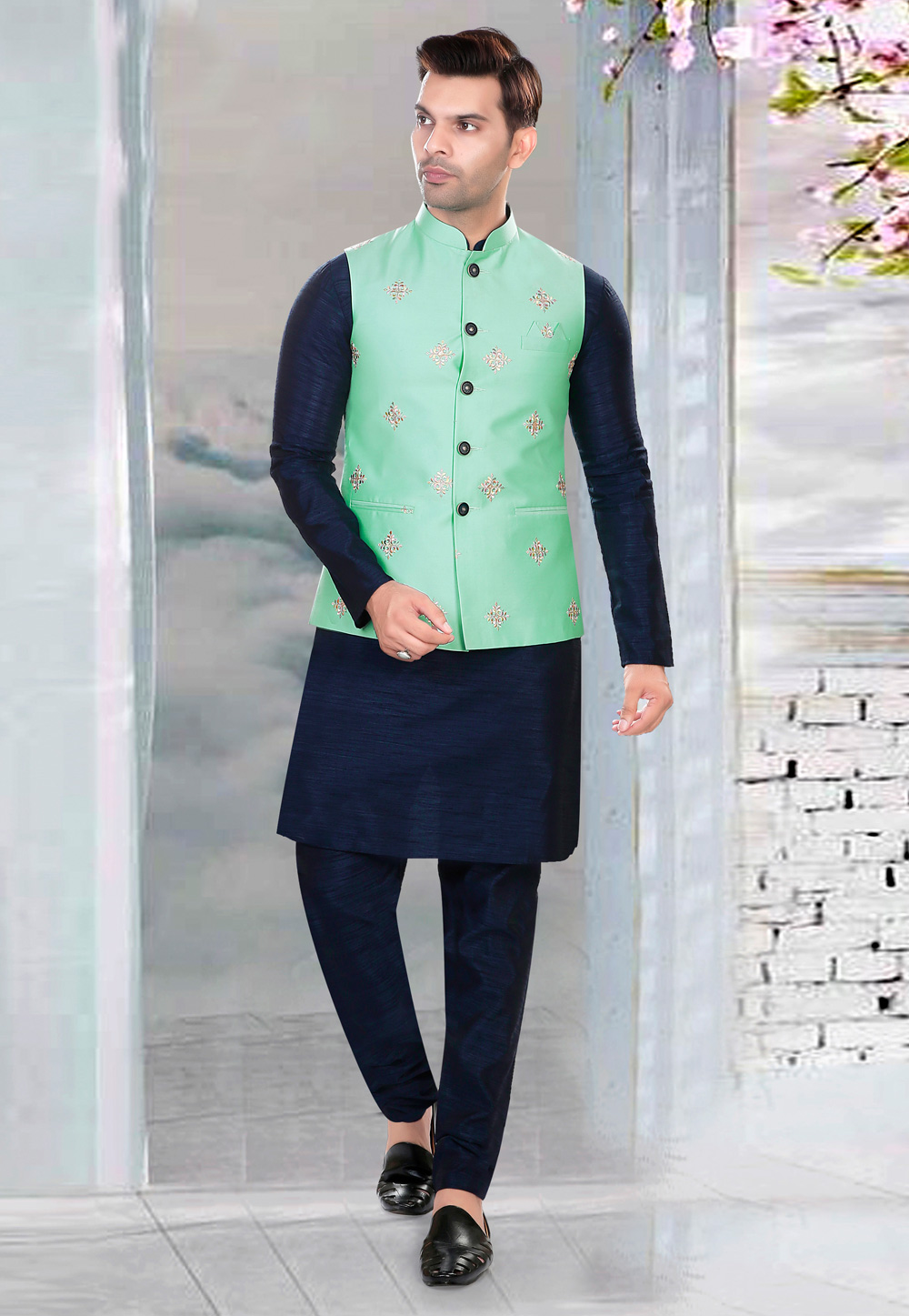 Navy Blue Art Silk Kurta Pajama With Jacket 276511