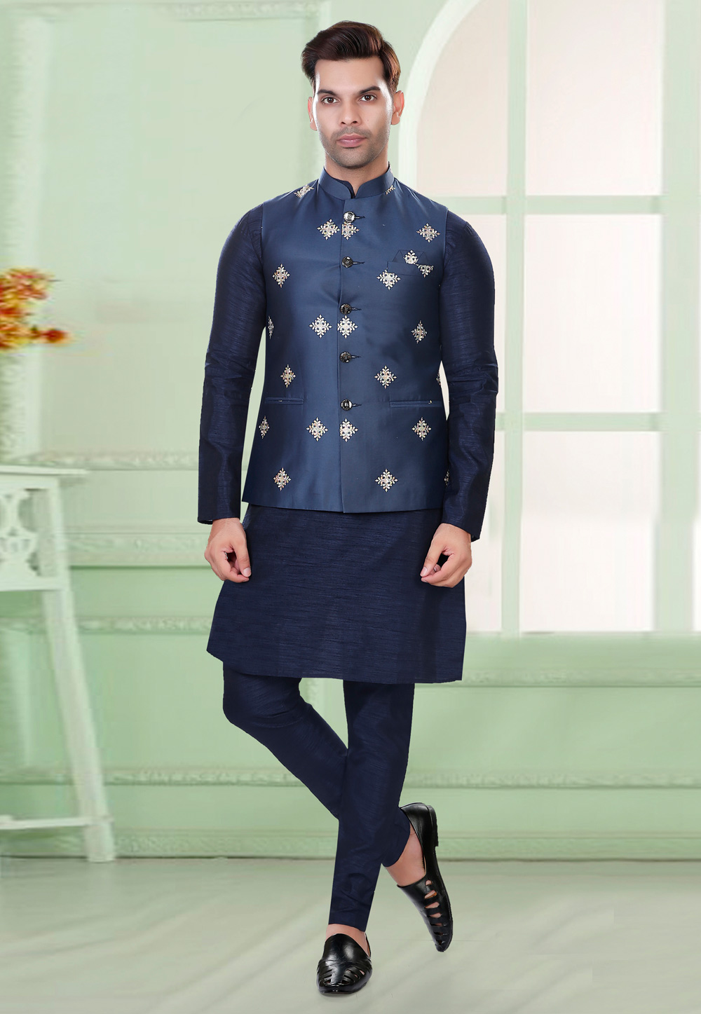 Navy Blue Art Silk Kurta Pajama With Jacket 276512