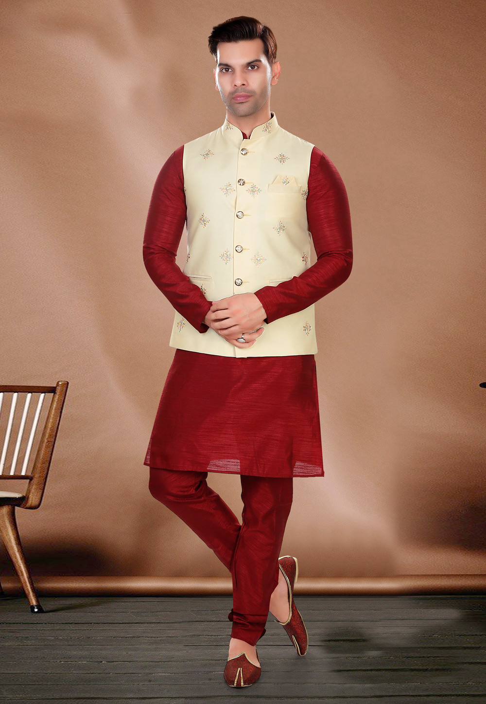 Maroon Art Silk Kurta Pajama With Jacket 276513