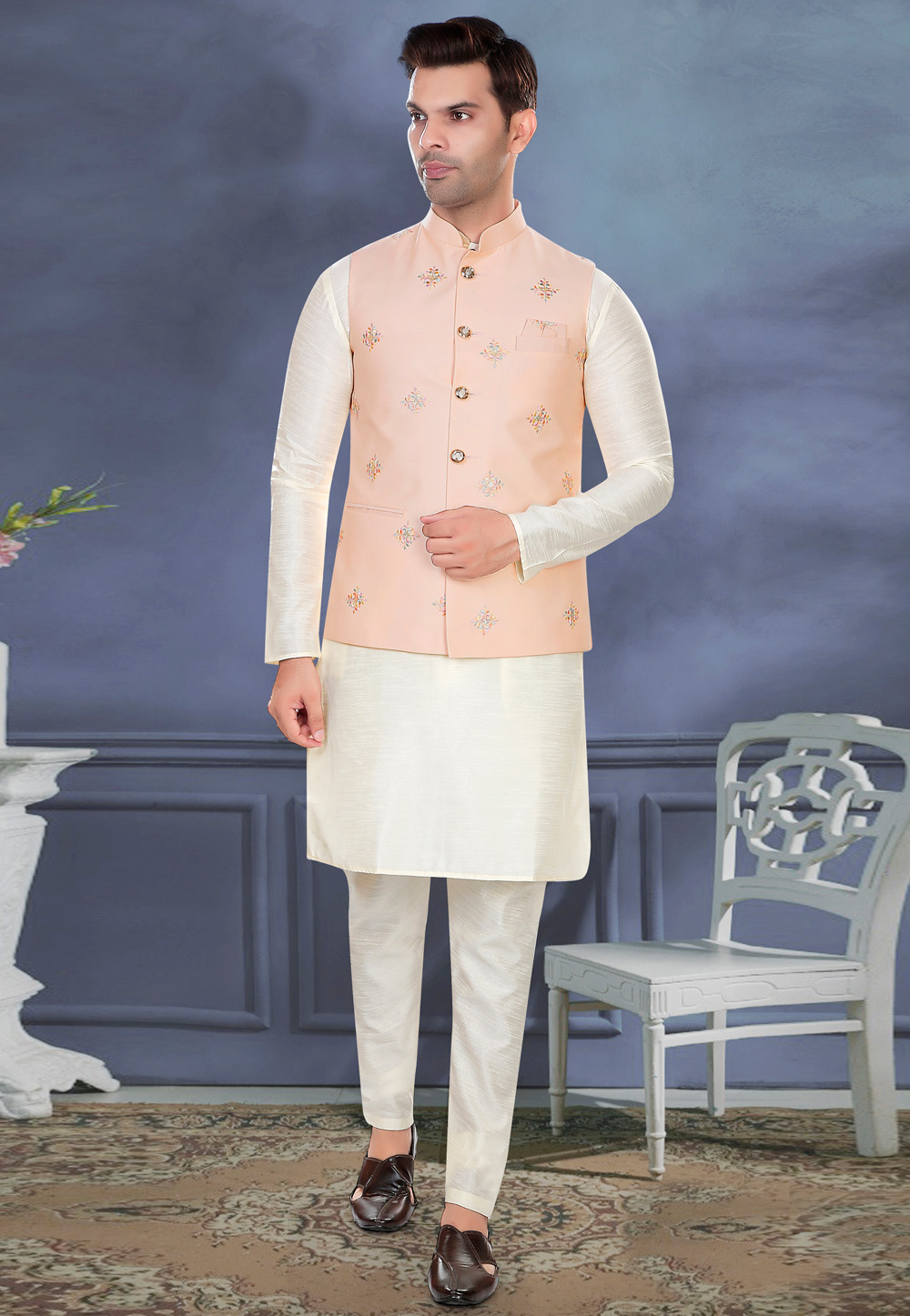 Cream Art Silk Kurta Pajama With Jacket 276514
