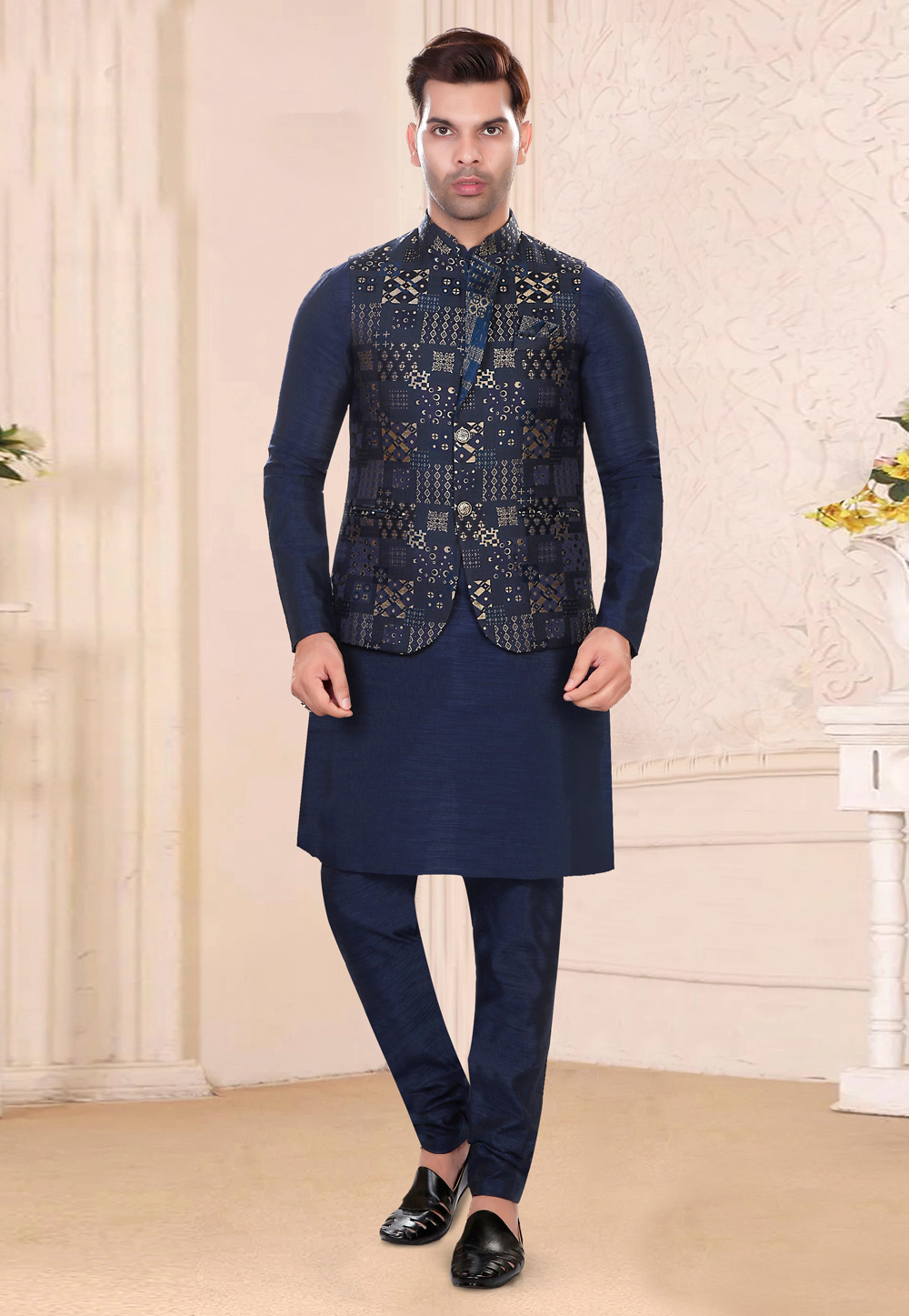 Navy Blue Art Silk Kurta Pajama With Jacket 276515