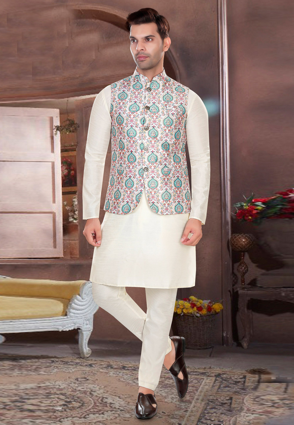 Cream Art Silk Kurta Pajama With Jacket 276517