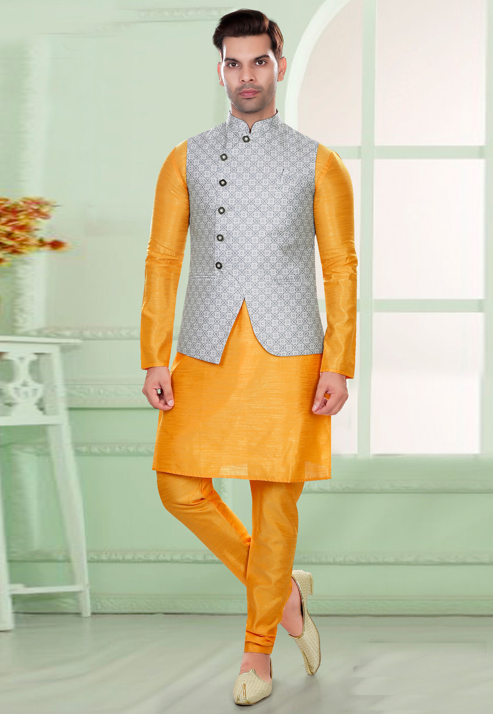 Golden Art Silk Kurta Pajama With Jacket 276518