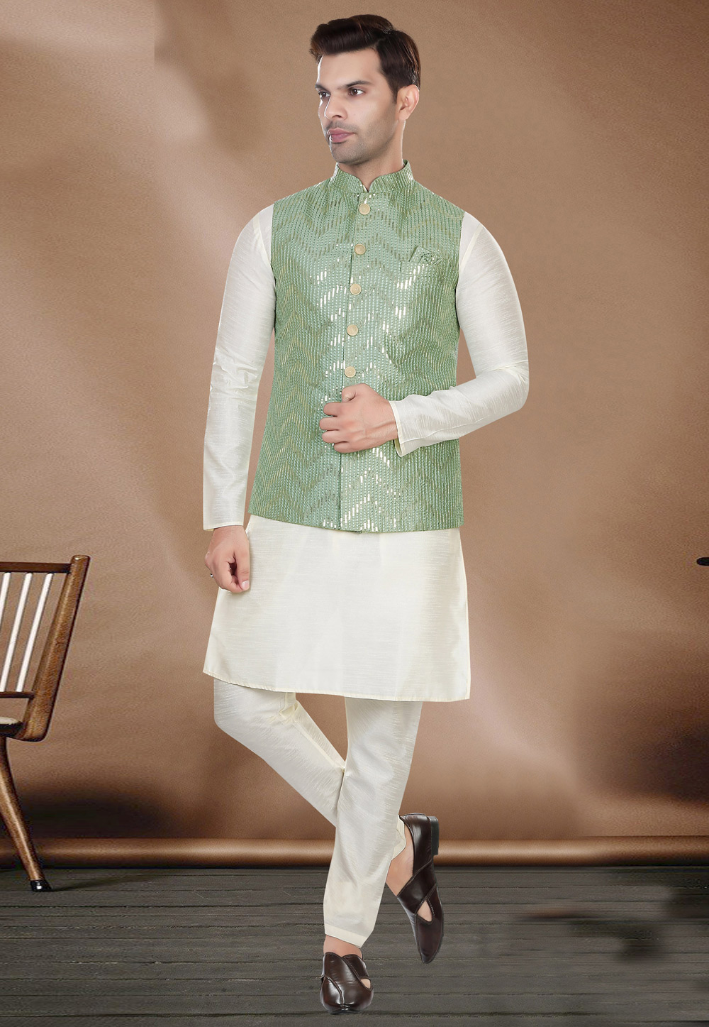 Cream Art Silk Kurta Pajama With Jacket 276519