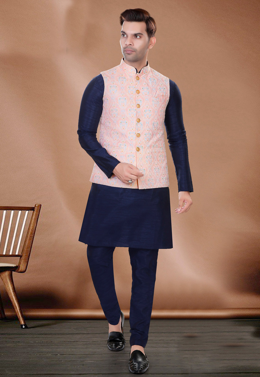 Navy Blue Art Silk Kurta Pajama With Jacket 276520