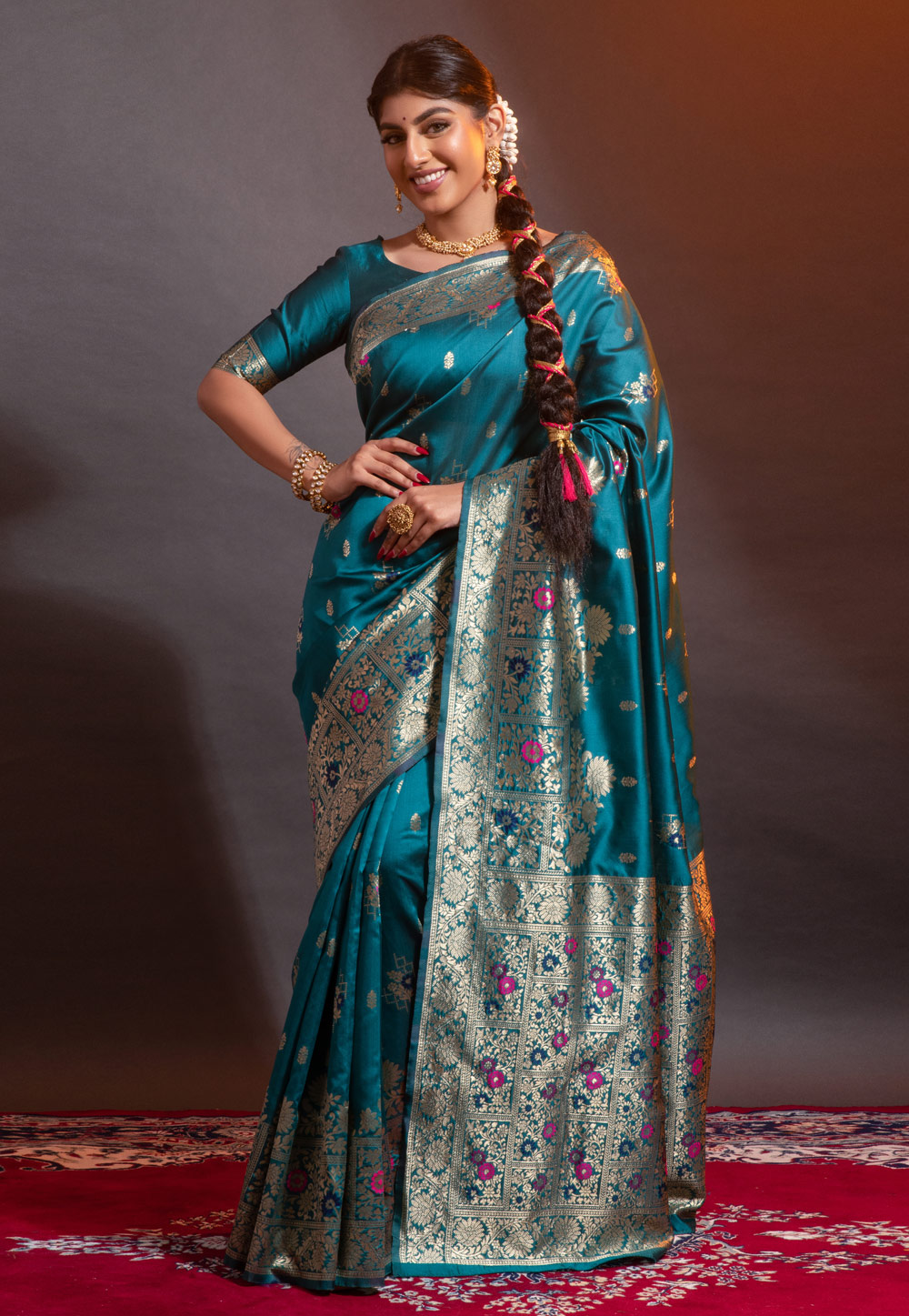 Teal Banarasi Silk Saree With Blouse 257485