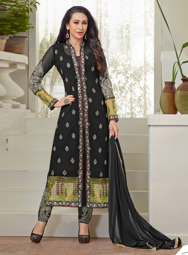 Karisma Kapoor Black Georgette Pakistani Style Suit 89282