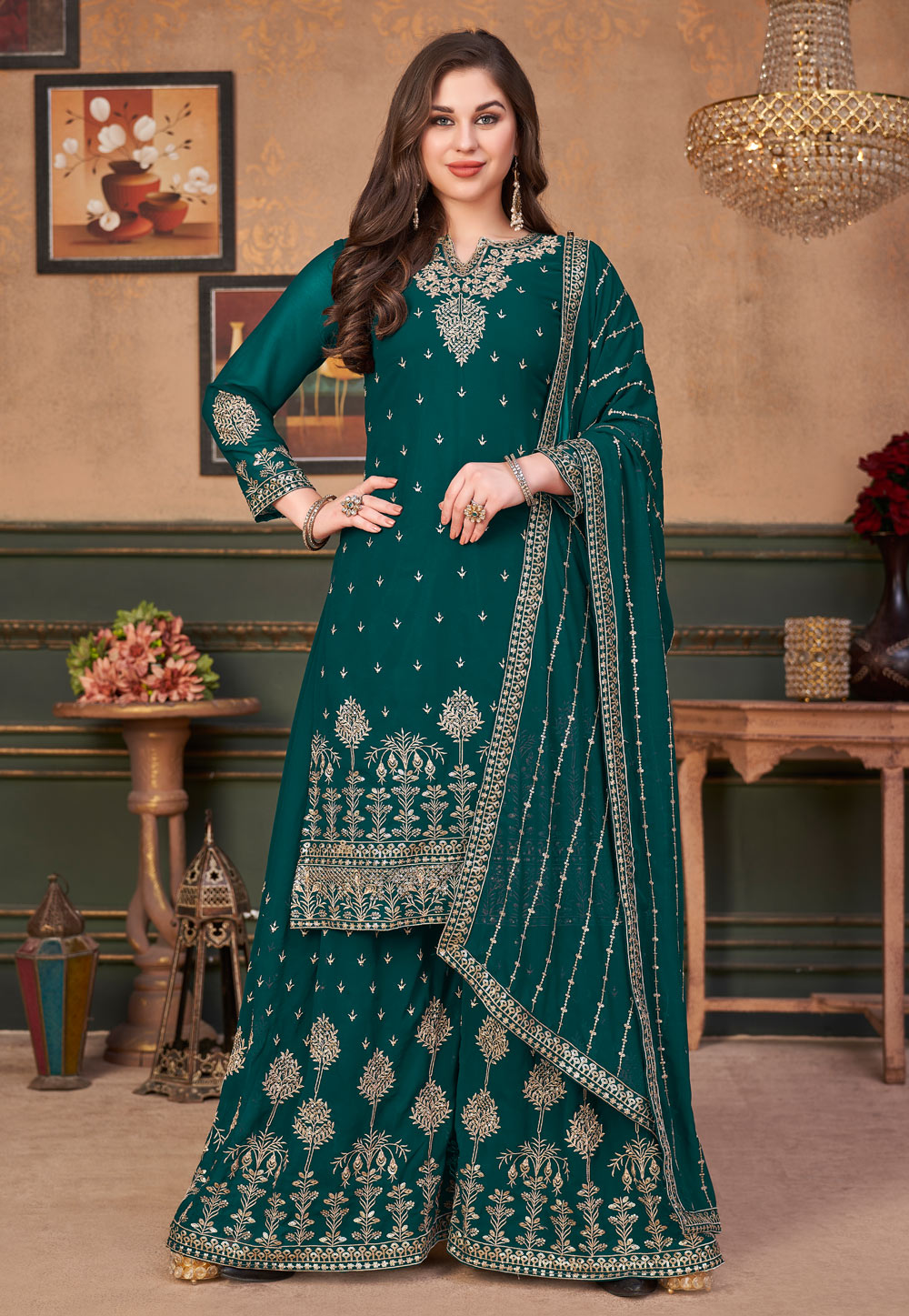 Teal Faux Georgette Embroidered Palazzo Suit 241345
