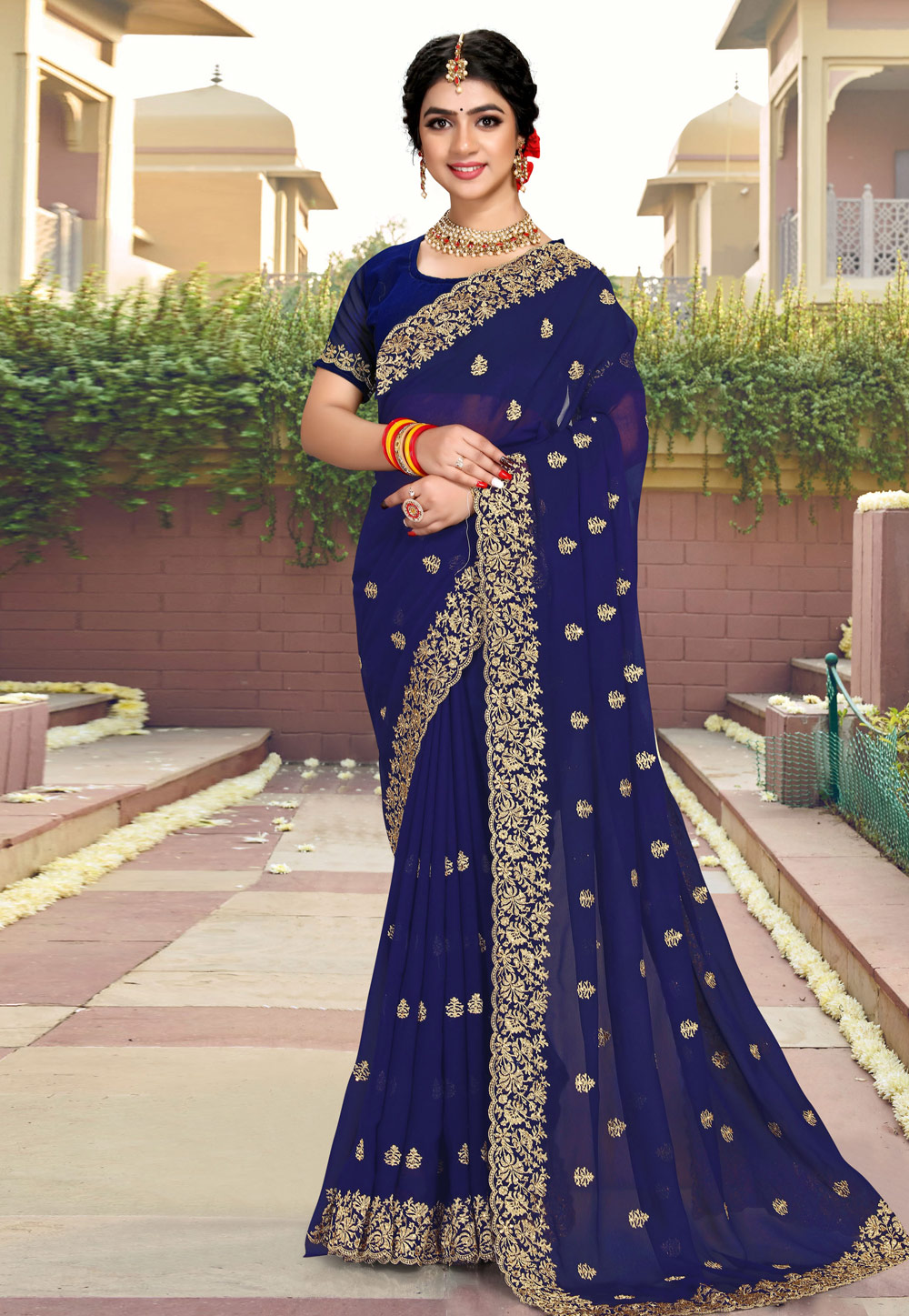 Navy Blue Georgette Saree With Blouse 258491