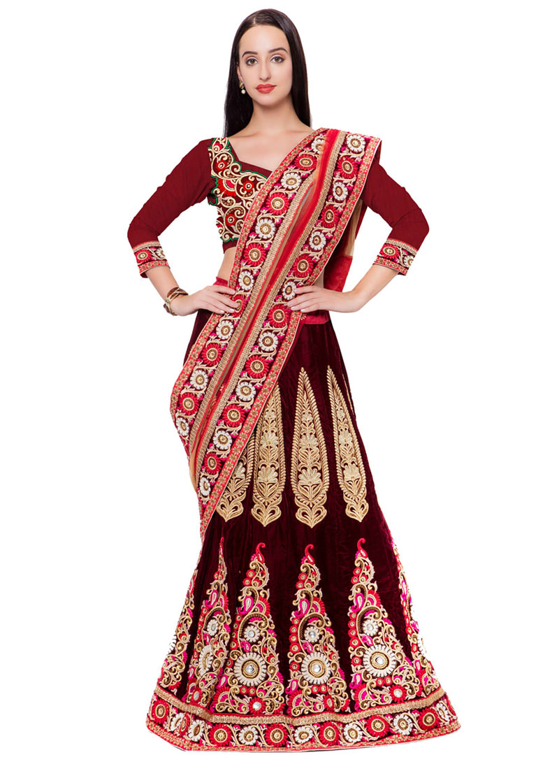 Maroon Velvet Wedding Lehenga Saree 75882