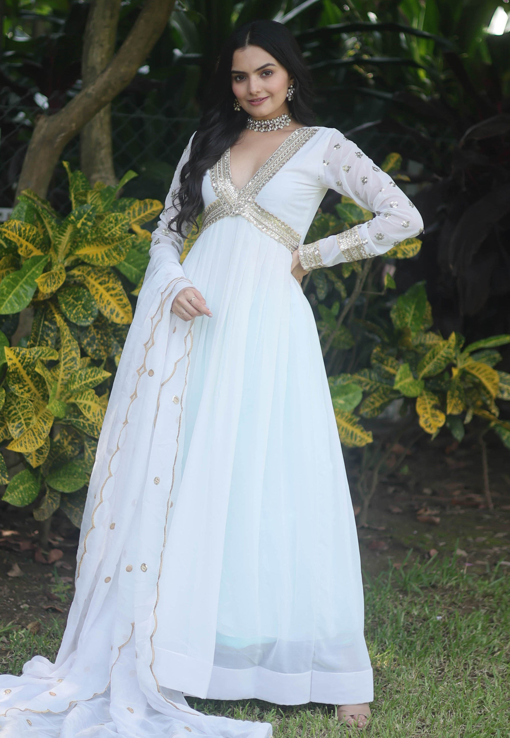Buy Frost White Anarkali Suit With Floral Brocade Weave And Mirror  Embroidery