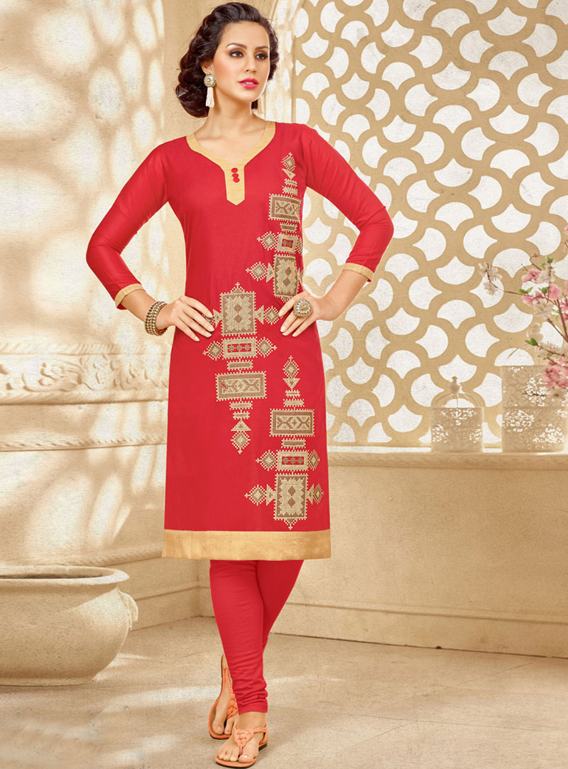 Red Cotton Embroidered Readymade Kurti 89407