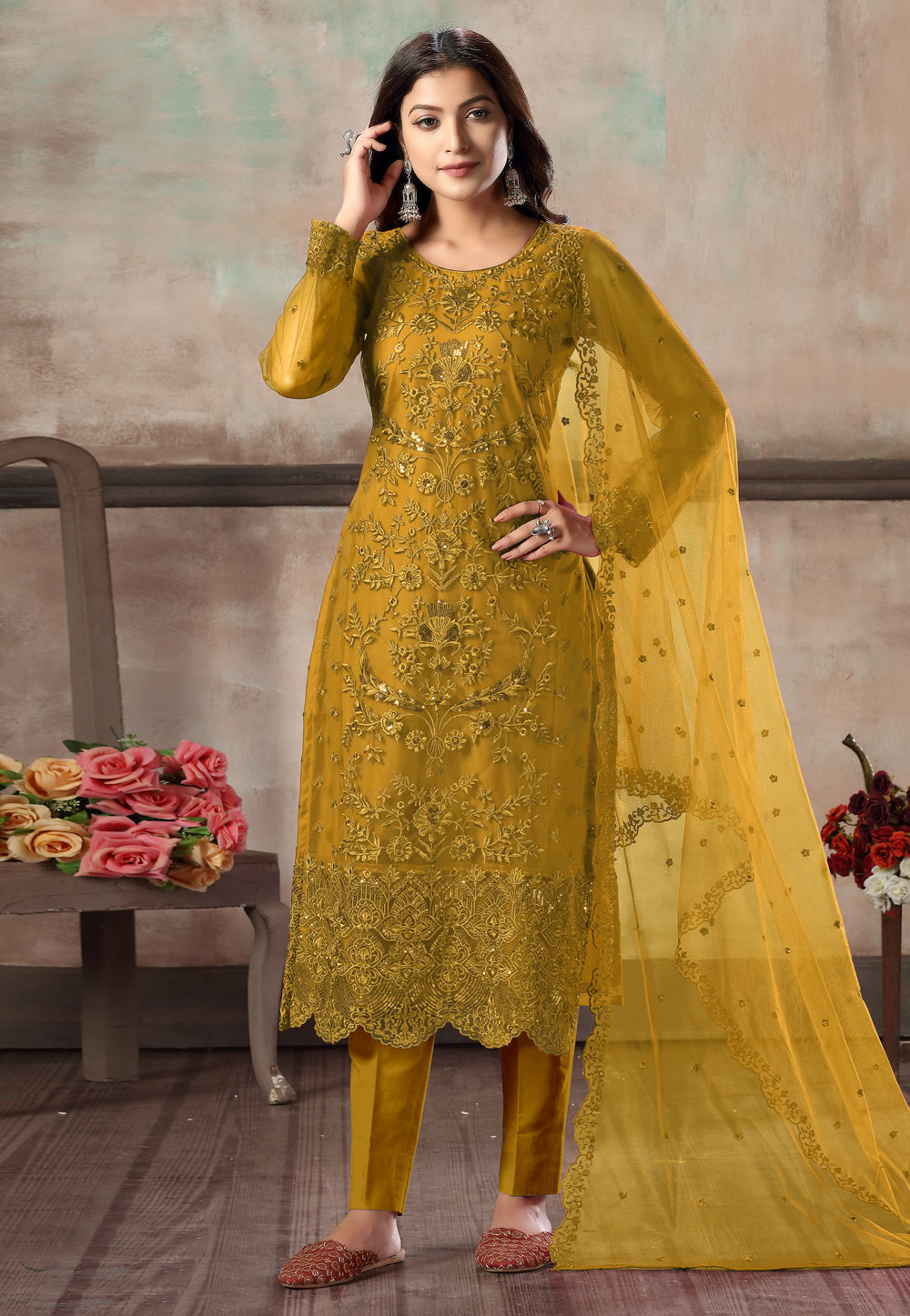 Mustard Net Embroidered Kameez With Pant 216567