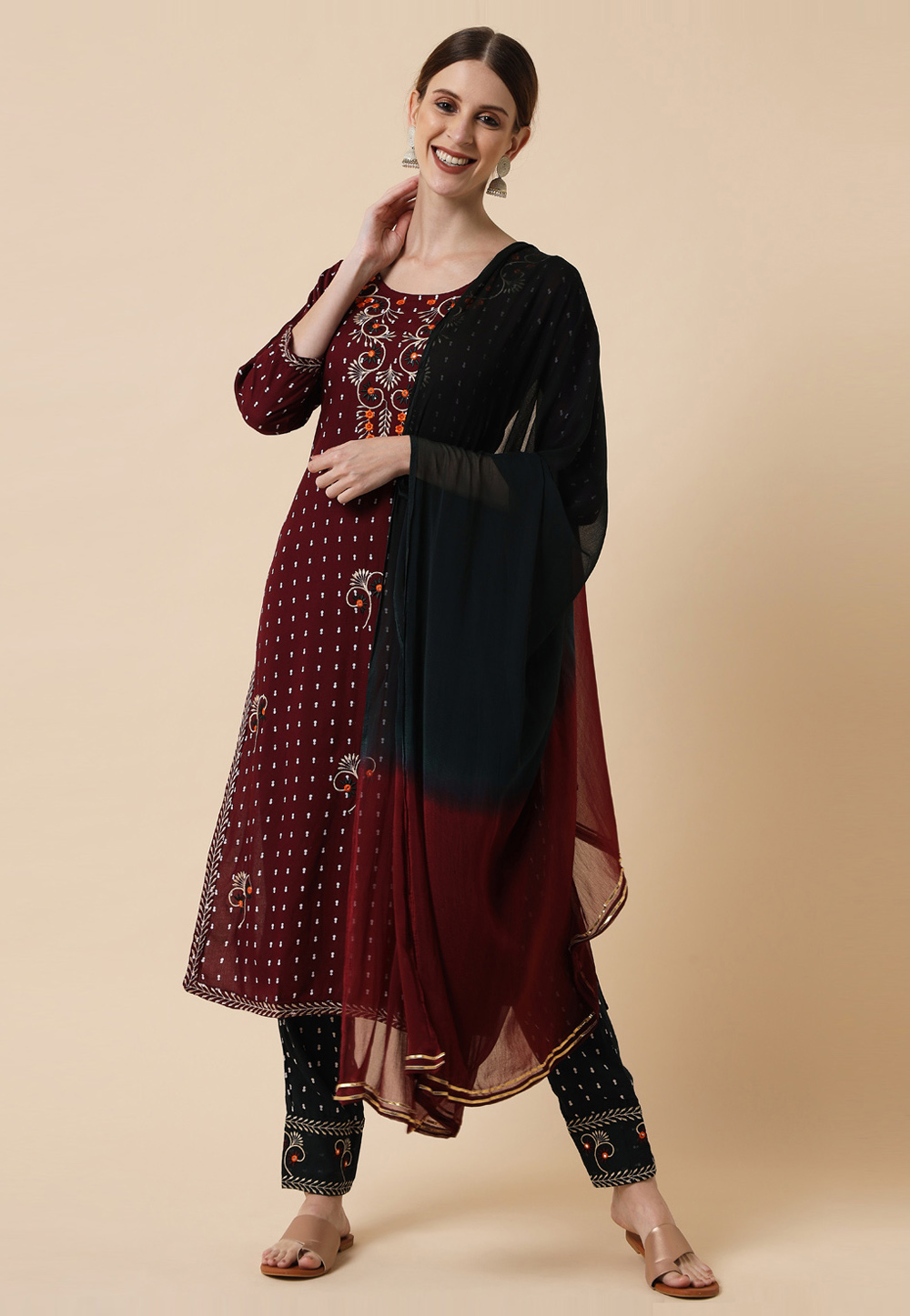 Maroon Rayon Readymade Pant Style Suit 277497